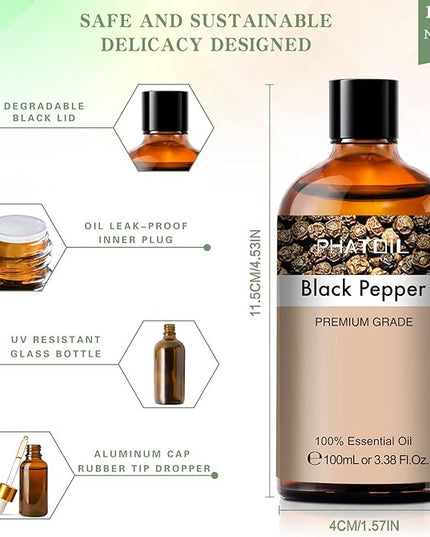 Black Pepper 3.38fl.oz Essential Oil, PHATOIL Pure Aromatherapy Oils for Diffuser, Humidifier, Perfect for DIY Soap, Candle, Bath Bombs Making(100ml)