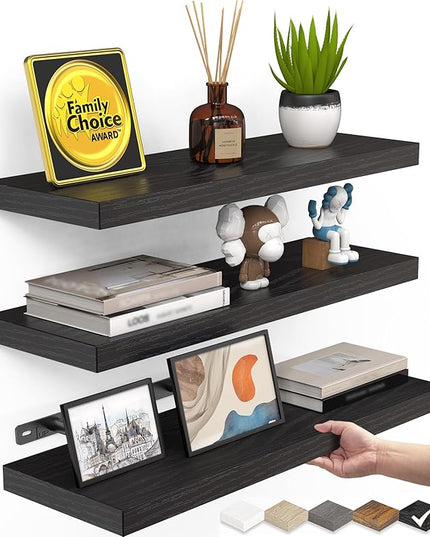 BAYKA Floating Shelves for Wall, Wall Mounted Rustic Wood Shelves for Bathroom, Bedroom, Living Room, Kitchen, Hanging Shelf for Books/Storage/Room Decor with 22lbs Capacity (Black, Set of 3, 15.7in)