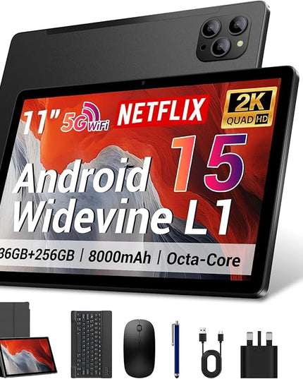 DEZLTID 2025 Android 15 Tablet 11 Inch with Keyboard Stylus Mouse: 2K IPS Tablette (2000x1200) 丨Widevine L1,36GB+256GB(1TB TF), 5G/2.4G WiFi, 8-Core, 8000mAh,8+13MP, AnTuTu 255K丨GMS丨FCC丨CE- Black