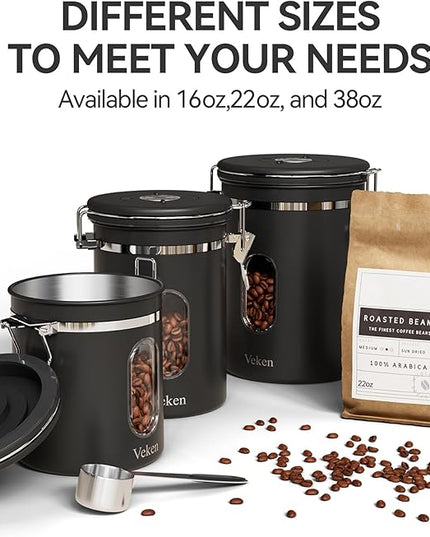 Veken Coffee Canister with Window,Airtight Stainless Steel Pantry Container,Home Kitchen Food Storage Organizers for Ground,Beans,Espresso,Rice,Tea,Sugar,Cereal, Flour,Bar Accessories,Gifts,22OZ,Black