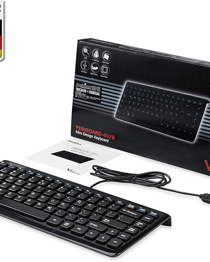 Perixx PERIBOARD-407B US, Wired USB Mini Keyboard with 11 Hot Keys - Glossy Black - US English Layout