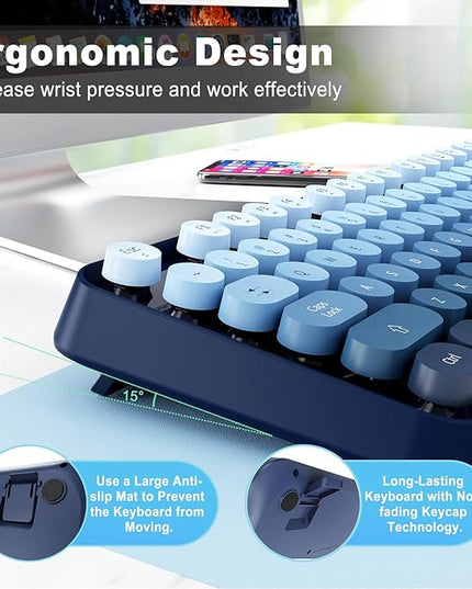 FOPETT Wireless Keyboard and Mouse Combo - 2.4G Full-Sized Cute Colorful Mouse and Keyboard with 104 Round Keys Retro Typewriter Keyboard for Laptop/Windows/PC - Blue Gradient