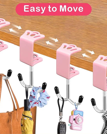 5 Pcs Adjustable Purse Hooks Heavy Duty J Clamp Hooks Bag Hanger for Table, Bag Holder for Table for Desk Key Backpack【Pink】