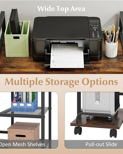 Giantex 3-Tier Printer Stand with Charging Station, 2 Open Storage Shelves, Side PC Stand on Wheels, 25" x 16" Mobile Printer Table for Computer Tower, Printer Shredder, Fax, Under Desk, Home Office