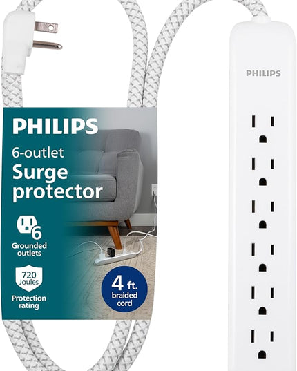 Philips 6 Outlet Surge Protector Power Strip, Designer Braided Power Cord, 4 Ft Power Cord, Flat Plug Extension Cord, Perfect for Office or Home Décor, 720 Joules, ETL Listed, White, SPC3064WE/37
