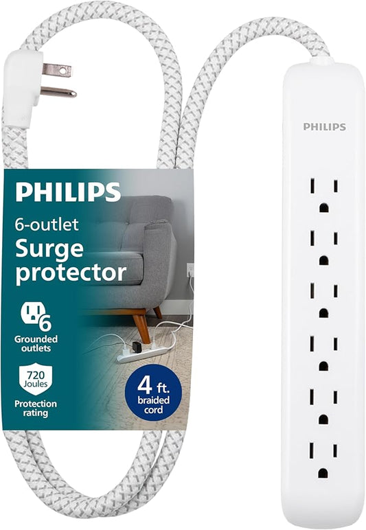 Philips 6 Outlet Surge Protector Power Strip, Designer Braided Power Cord, 4 Ft Power Cord, Flat Plug Extension Cord, Perfect for Office or Home Décor, 720 Joules, ETL Listed, White, SPC3064WE/37
