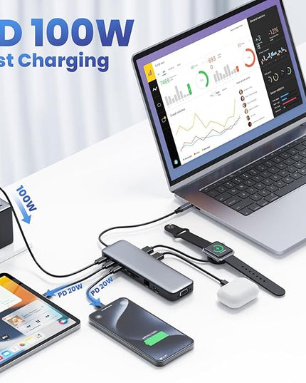 USB C Hub Laptop Docking Station Dual Monitor,14 in 1 Multiport Adapter with 4K HDMI,VGA,8 USB C/A Ports,100W PD Fast Charging,Audio&Mic,SD&TF,USBC Dongle for MacBook/Dell/HP/Lenovo ThinkPad/Surface