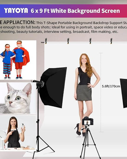 White Backdrop with Stand, 6x9 ft White Photo Backdrop Curtain with 6.3x6.5 ft Background Stand, Portable Back Drop Support Kit with Carrying Bag, 5 Strong Spring Clamps