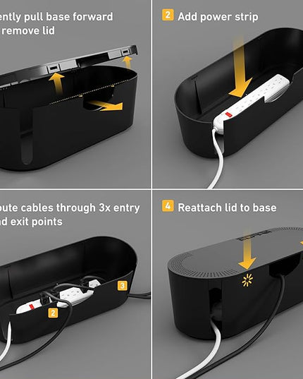 D-Line Cable Management Box, Power Strip Holder, Floor Outlet Hiders, Desk Cord Organizer, Cover TV Wires, Wire Storage, Extension Hider, Office Concealer for Cords, Baby Proof Cables - Large, Black