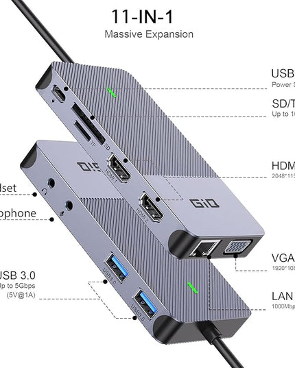 USB Docking Station GIQ USB C HUB USB 3.0 to Dual HDMI VGA Adapter Triple Display USB C Laptop Docking Station Dual Monitor HDMI Splitter Extender Compatible with MacBook M1 M2 M3 USB Dock-Grey