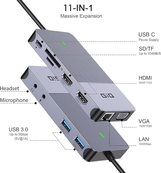 USB Docking Station GIQ USB C HUB USB 3.0 to Dual HDMI VGA Adapter Triple Display USB C Laptop Docking Station Dual Monitor HDMI Splitter Extender Compatible with MacBook M1 M2 M3 USB Dock-Grey