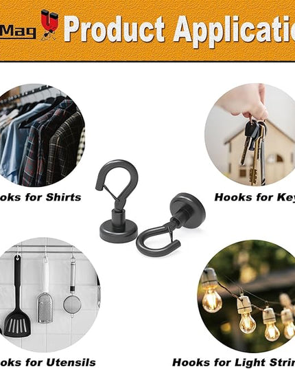 Ant Mag Black Magnetic Hooks Heavy Duty with Snap 22lbs Strong Magnet Hooks Great Hanging for Refrigerator, Cruise Cabin, Grill, Wreath,Kitchen,Office 8 Pack