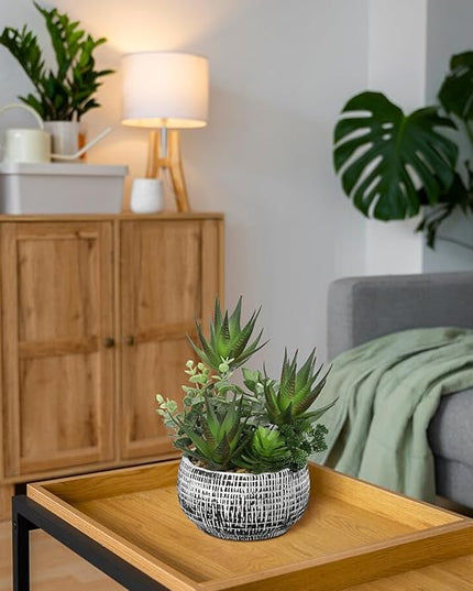 11” Large Succulents Aloe Plants Artificial in Ceramic Pots Potted Faux Succulent Eucalyptus Arrangement with Black Bowl Pots Fake Desk Succulents Plants for Home Bathroom Shelf Table Indoor Decor