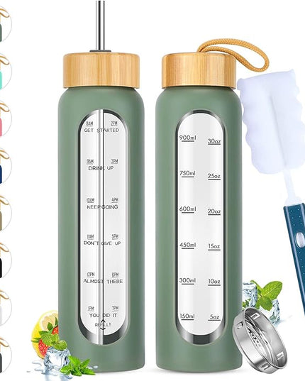 32 oz Glass Water Bottle with Straw - Motivational Time Marker & Silicone Sleeve - Reusable Tumbler Includes 2 Bamboo Lids & Fruit Infuser - 1 Pack