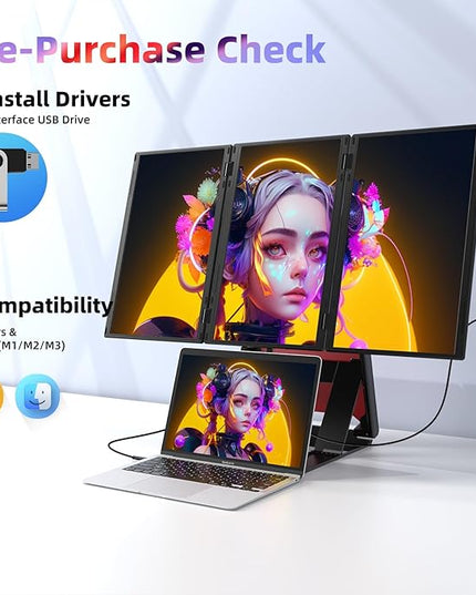 Quad Laptop Screen Extender, 15.6" FHD 1080P Triple Monitor, Combine into One 30" Screen (Landscape/Portrait), Just 1 Cable for 3 Screens, Driver Required, Compatible with Wins & Mac(M1/M2/ M3/M4/M5)