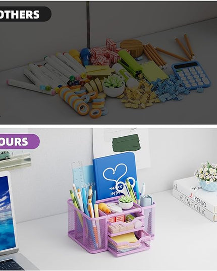 Marbrasse Mesh Desk Organizer, Pen Holder with 2 Drawer, Multi-Functional Pencil Holder, Desk Organizers and Accessories with 5 Compartments + Drawer for Office Art Supplies (Purple)