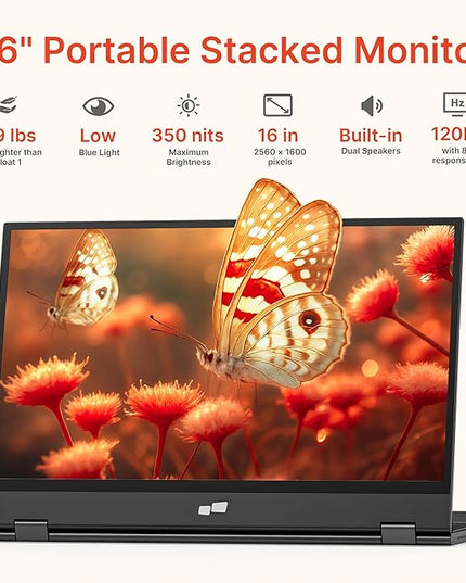 Portable Monitor - Mobile Pixels Duex Float 2.0 Pro 16-inch 2.5K Laptop Monitors, New Stacked Monitor for 15-16-inch Laptops. Built-in Dual Speakers, USB C/HDMI, Window/Mac/PC/Android Compatible