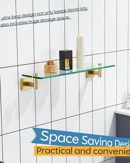 KOKOSIRI Wall Shelves Floating Shelf 20-Inch Stainless Steel Bathroom Hardware Tempered Glass Kitchen Hanging for Storage/Room Decor Gold B1105BG-L20
