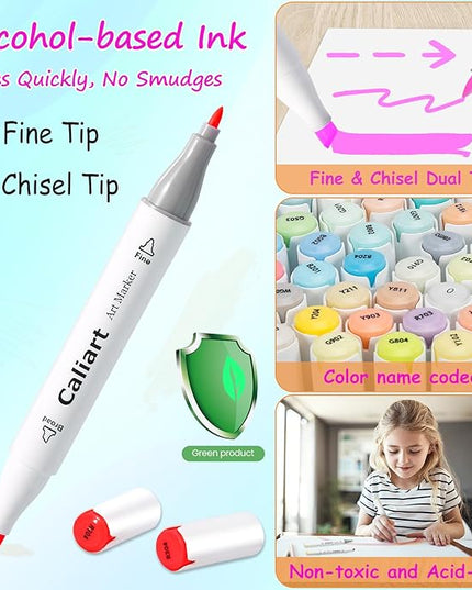 Caliart Markers, 100 Colors Dual Tip Art Markers Sketch Pens Permanent Alcohol Based, with Case for Adults Artists Drawing Illustration Sketching Coloring (White Barrel)