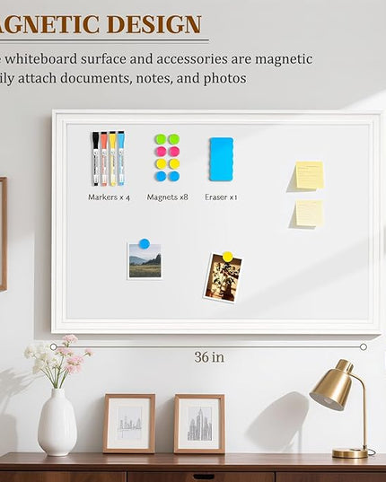 White Board for Wall, 36'' x 24'' Magnetic Dry Erase Board, Decorative Whiteboard with Plain White Wooden Frame, Hanging Writing Board for Home Office School Dorm