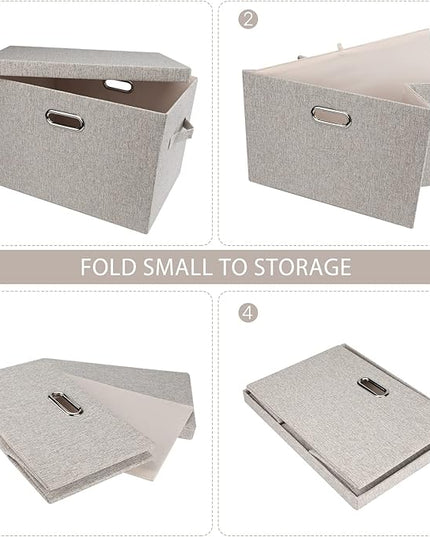Large Quart Collapsible Stackable Storage Bins with Lids, 3 Packs Beige Linen Fabric Closet Boxes with Lids, Storage Cube Baskets Container Organizers for Bedroom Office(16.6 x 11.7 x 10.8)