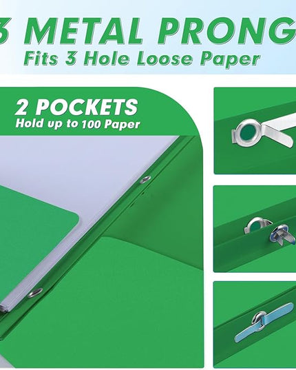 Two Pocket Folders, PANDRI 30 Pack Two Pocket Folders with Prongs, 3 Prong Folders Designed for Office and Classroom, Letter Size Green