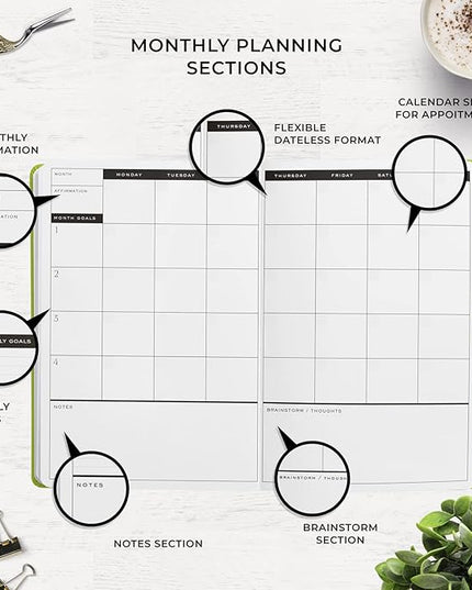 Smart Planner Pro – Undated Daily Planner – Small A5 – Achieve Goals & Increase Productivity – Weekly, Monthly, Work Sections, Organizer Diary with Back Pocket, 3 Satin Bookmarks & Pen Holder
