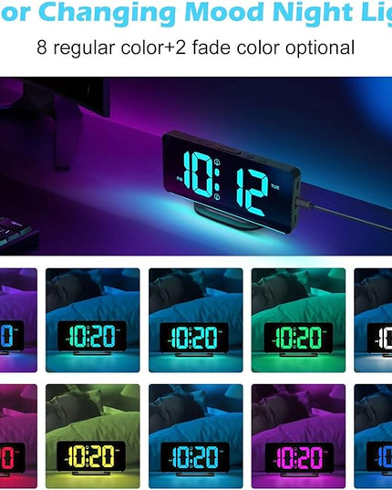 ALANAS RGB Digital Alarm Clock, Color Changing Mood Light with 10 Colors, Dual Alarm with Snooze, Dimmable Display, USB Charger, Adjustable Volume, Plug in, Bedroom Desk Clock for Teens, Adults