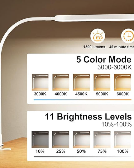 SKYLEO Led Desk Lamp - 33.5" Desk Light - Flexible Gooseneck - 5 Color Modes X 11 Brightness Levels - 1300LM - Timmer & Memory Function - 12W Clip on Light - White