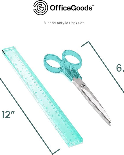 OfficeGoods 3 Piece Acrylic Desk Set - Includes Ruler, Staple Remover, Scissors - Functional & Elegant Desk Accessories - Stationery Tools for Home, Office, and School - Green with Silver Metal