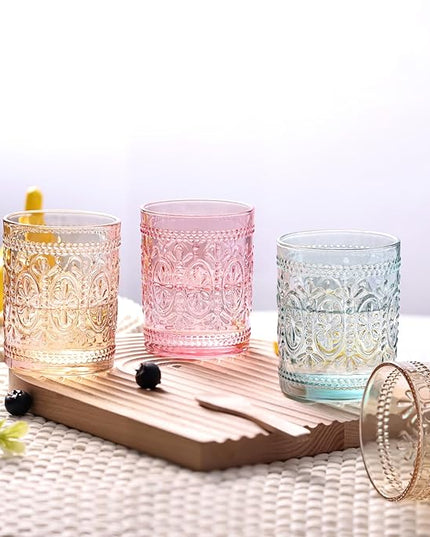 Amber Glassware set of 4, Vintage Drinking Glasses, 10oz Heavy Duty Glass Cups, Colored Glassware Set, Embossed Glasses Set for Party Wedding Home Office Gift