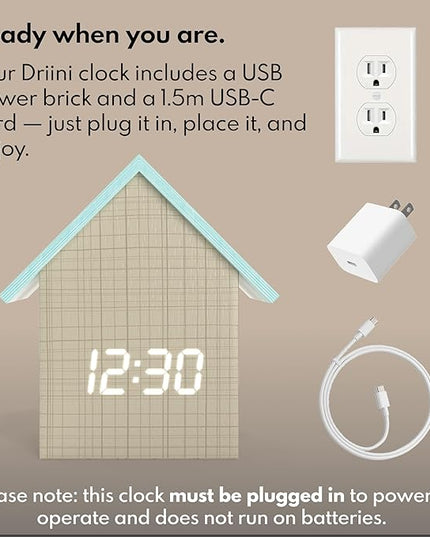 Driini Digital House Shaped Alarm Clock with Temperature Display (Stripe Wood) – Modern Aesthetic - Cute Cube Frame and White LED Dimmer - Perfect Large Desk Clock for Bedside Table or Bedroom Mantle