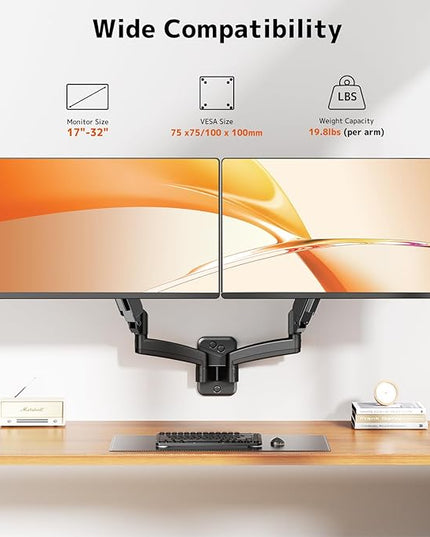 PUTORSEN Dual Monitor Wall Mount for 17-32 inch Flat/Curved Computer Screens, Full Motion Wall Monitor Mount with VESA 75x75/100x100 mm, Each Holds Up to 19.8lbs, Black