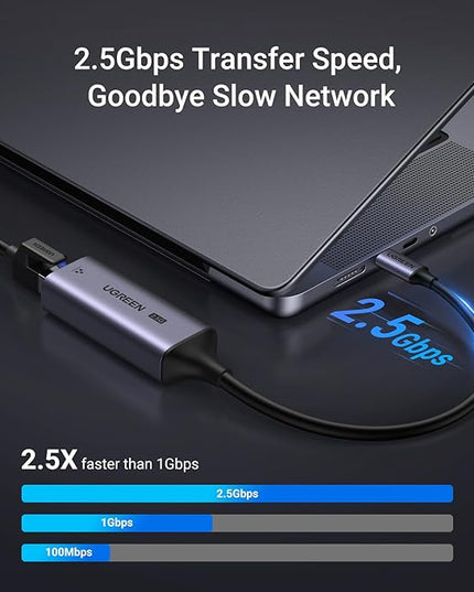UGREEN USB C to Ethernet Adapter 2.5G, Ethernet Adapter for Laptop, Aluminum, Type C (Thunderbolt 4/3 Compatible) to RJ45 Network Internet, Compatible for NAS, MacBook Air/Pro, XPS, iPhone 17 Pro/Max