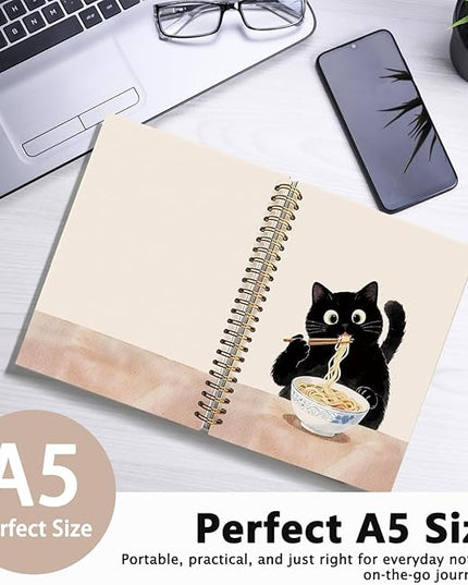 LIANHW Funny Black Cat Notebook, Cats Lover Gifts Notebooks for Note Taking, Cats Mom Lady Gifts Journal, Black Kitten Eat Noodles Journals for Writing, Cat Office Supplies, 5.5x8.3 Inch