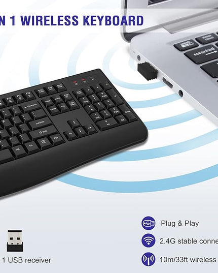 QUASIO Wireless Keyboard, 2.4G Full-Sized Ergonomic Wireless Computer Keyboard with Wrist Rest for Windows, Mac OS Laptop/PC/Desktop/Notebook(Black)