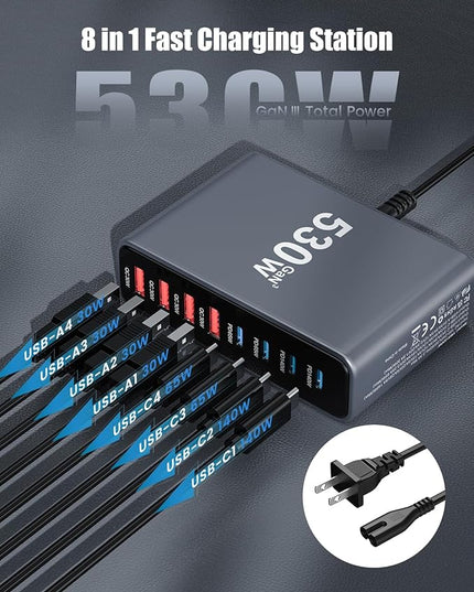530W USB C Charger Block,8-Port USB C Charging Station GaN IV Travel Essentials Multiple Port Charging Station,100W Laptop Fast Charger Adapter for MacBook Pro/Air,DELL,iPad,iPhone,Samsung Galaxy