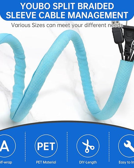 YOUBO Split Braided Cable Sleeve，Flexible Wire Loom Tubing, Automotive Cord Protector Pet Proof, Cable Management for Computer TV Electric Wires Harness 16ft (Sky Blue, 5mm（3/16")