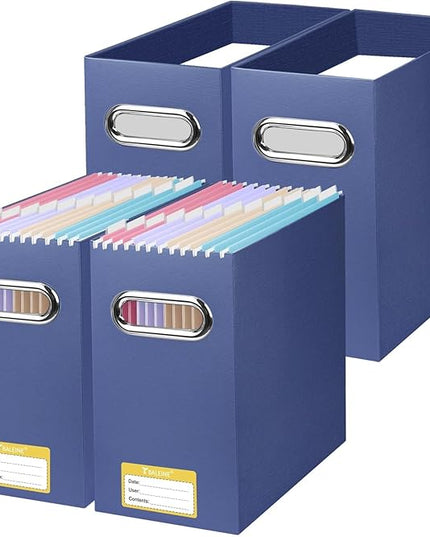 BALEINE File Organizer Box, Cardboard File Folder Organizer with Handle for Letter Size, Portable Collapsible Hanging Filing Box for Home Office Document Storage (4 Pack, Navy)