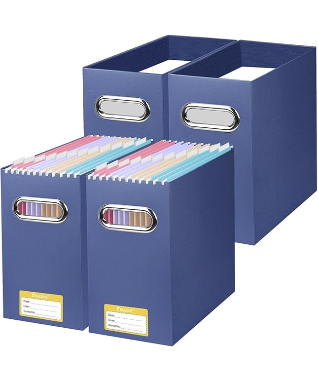 BALEINE File Organizer Box, Cardboard File Folder Organizer with Handle for Letter Size, Portable Collapsible Hanging Filing Box for Home Office Document Storage (4 Pack, Navy)