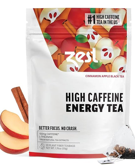 Zest Cinnamon Apple Spice Energy Tea – High Caffeine Black Tea Bags for Focus, Clarity & Morning Energy – Natural Non-GMO Caffeinated Breakfast Tea – Cozy Fall Focus Tea with 150mg Caf – 20Ct Pack