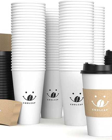 Coolcap 100 Pack 12oz Disposable Coffee Cups with Lids and Sleeves, To Go Paper Cups for Hot & Cold Beverages