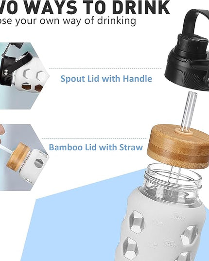 MUKOKO Glass Water Bottles, 24oz Glass Tumbler with Straw, Drinking Bottles with 2 Lids-Handle Spout Lid&Bamboo Straw Lid, Motivational Water Bottle with Time Marker and Silicone Sleeve, 1 Pack-White