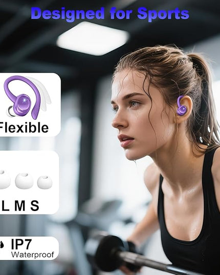 Wireless Earbuds Sport, New Bluetooth 5.4 Headphones with Earhooks, 50H Stereo Deep Bass Over Ear Buds with 4 ENC Noise Canceling Mics, IP7 Waterproof Earphones for Running Workout Gym -Purple