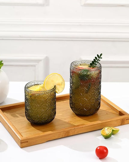Grey Drinking Glasses Set of 12, 12 Oz Highball & 10 Oz Cocktail Glasses, Grey Kitchen Vintage Glassware Set, Floral Embossed Glass Tumbler Cups for Water, Beer, Juice, Whiskey, Coffee