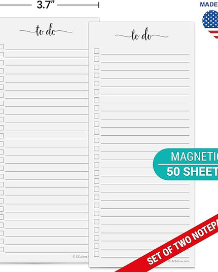 321Done Magnetic To Do List Notepad 2-Pack - 3.7 x 8.5 (1/3 Sheet Slim Skinny Size), Made in USA - College Ruled - Simple Stylish to-Dos Memo Pad for Planning, Tasks, Appointments, Reminders, Home