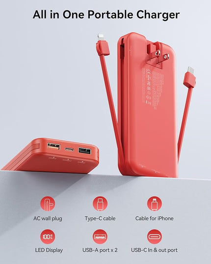 12000mAh Ultra-Portable-Charger-Power-Bank with Built in Cables&AC Wall Plug,PD20W USB-C Fast Charging Cell Phone Charger Battery Pack,LED Display Travel Battery Bank for All iPhone,Samsung,Android
