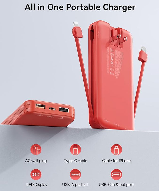 12000mAh Ultra-Portable-Charger-Power-Bank with Built in Cables&AC Wall Plug,PD20W USB-C Fast Charging Cell Phone Charger Battery Pack,LED Display Travel Battery Bank for All iPhone,Samsung,Android