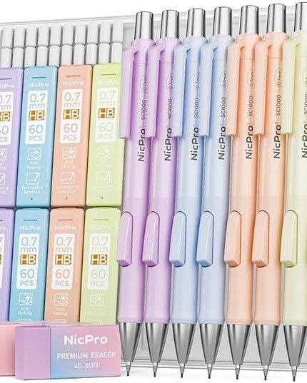 Nicpro 8 Pack Pastel Mechanical Pencil 0.7mm, Cute Fast Click Mechanical Pencils Set with 480PCS HB Lead Refills, 3 Erasers with Case, Aesthetic School Supplies for Writing Drawing Sketching