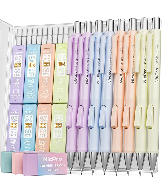Nicpro 8 Pack Pastel Mechanical Pencil 0.7mm, Cute Fast Click Mechanical Pencils Set with 480PCS HB Lead Refills, 3 Erasers with Case, Aesthetic School Supplies for Writing Drawing Sketching
